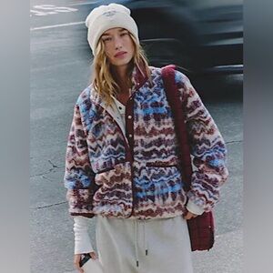 Free People $198 Hit The Slopes Fleece Jacket Womens XL Denim Combo SOLD OUT